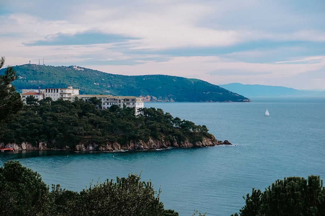 scenic panorama of marmara sea with heybeliada sanatorium on a hill